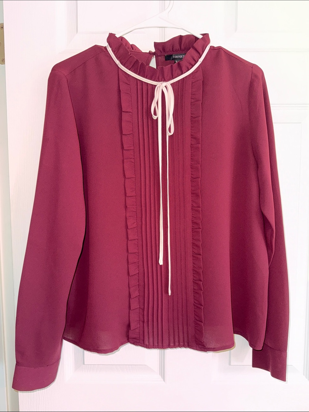 Forever 21 Burgundy Long-Sleeve Ruffled Tie-Neck Blouse